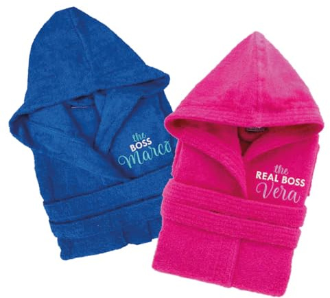 D&Vlab Accappatoi Personalizzati per Coppia con Nome Ricamato - Accappatoio in Spugna Cotone con Cappuccio - Boss e Real Boss Idea Regalo per Lui e Lei Sposi Mamma Papà Anniversario Natale