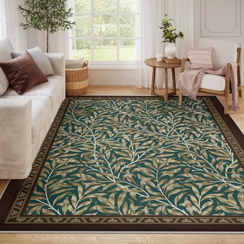 LANDERSION Vintage Plant Printed 150x210cm Tappeto elegante con foglie salice Tappeti lavabili per soggiorno Moquette a pelo basso con retro in gomma antiscivolo