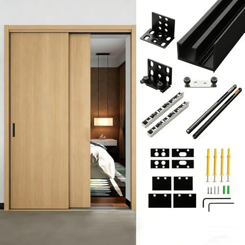 Schiebetür Komplettset Modernes, Schienenloses Schiebetürsystem für Kleiderschränke, Beschläge für Schienenlose Schiebetüren, Türhänger-Set mit Soft-Close-Mechanismus(119cm/47in)