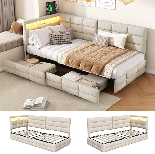 Zorvani Polsterbett Schlafsofa 90x200, Kinderbett mit LED und USB-Ladestation, Jugendbett Tagesbett mit 2 Schubladen&Lattenrost, Sofabett, Gästebett, Bettgestell ohne Matratze