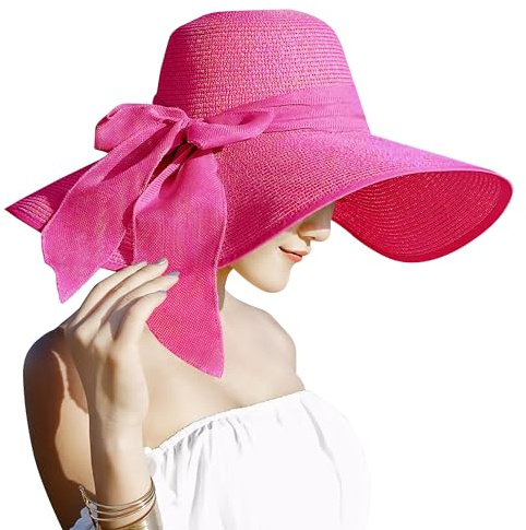 Lanzom Chapeau de paille pour femme 14 cm avec Pliable grand nœud - UPF 50+ Taille unique