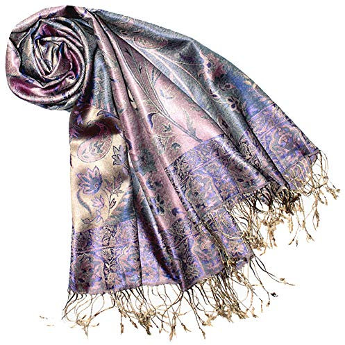Lorenzo Cana Pashmina - Pañuelo de seda (70 x 190 cm), diseño de cachemira de seda, Color lila y dorado., Talla única