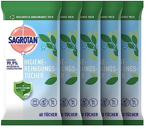 Sagrotan Hygienereinigungstücher – Für die praktische Reinigung und Desinfektion von Oberflächen – 5 x 60 Feuchttücher in wiederverschließbarer Verpackung