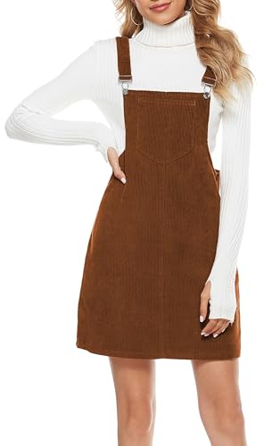 Tanming Women's Corduroy A Line Cute Jumper Pinafore Bib Overall Mini Dress Skirt (Brown-S)