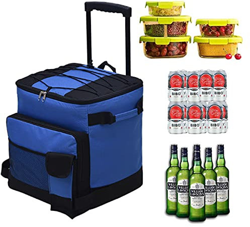 43L Kühltasche Gross Picknicktasche Faltbar Lunchtasche Mittagessen Tasche Thermotasche Isoliertasche mit Spurstangen und Rollen,für Campingtasche Picknick Outdoor Reisen Einkauf Auto (Blau)