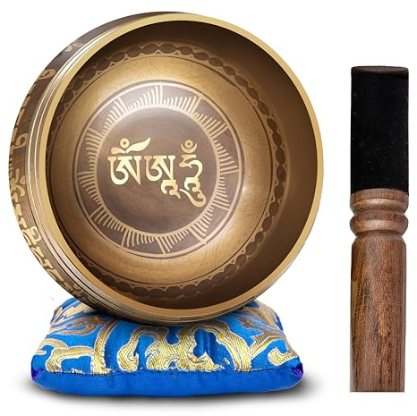 Tibetisches Klangschalen-Set – einfach zu spielen, authentisch handgefertigt für Meditation, Klangschale, Chakra, Yoga, Heilung, 10,2 cm, von Himalayan Bazaar (Braun und Blau)