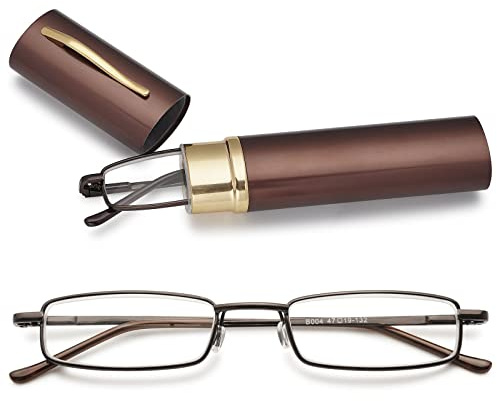 MAGIMODAC Herren Damen Lesebrille Anti Blaulicht Brille mit sehstärke Blaulichtfilter Metall Lesehilfe schmale Lesebrillen mit Stiftetui (2.5, Braun)
