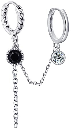 Qings Punk Rock Black Creolen – 1pcs Sterling Silber Doppel Creolen Mini Schwarzer Zirkon Ohrring Doppelte Bohrung Sterling Silber Anhänger Sternkette Schmuck Geschenk für Frauen Mädchen