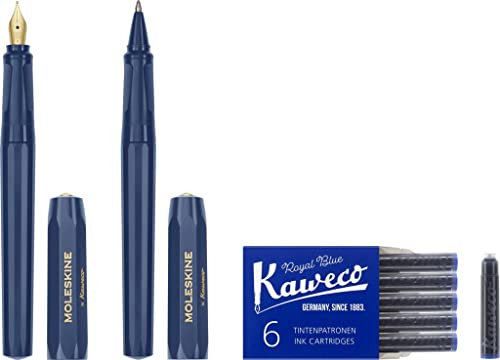 Moleskine x Kaweco, Penna Stilografica in Plastica ABS con Pennino Misura M Placcato in Oro e Penna a Sfera Ricaricabile, Ricaricabile con 1,0 mm di Inchiostro Blu, 6 cartucce Incluse, Colore Blu