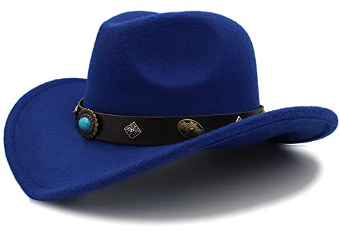 Aurorad Eleganter Western-Cowboyhut, solider Jazzhut mit schwarzem Gürtel mit blauen Edelsteinen für Freizeitaktivitäten oder Camping, Angeln, Jagdausflüge (Farbe: Blau, Größe: 59–61)