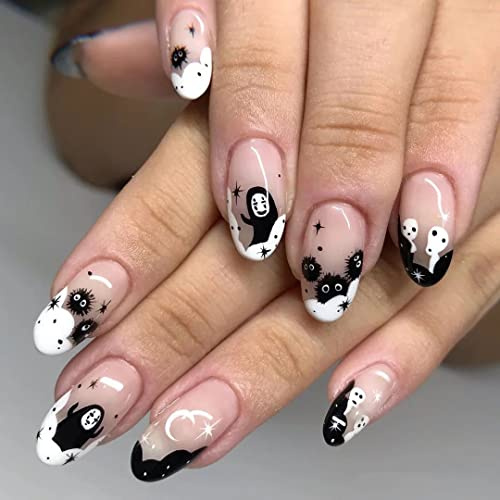 Wedity 24 STÜCKE Halloween Falsche Nägel Kürbis Geisterdruck Süße Press on Nails für Frauen und Mädchen (D)
