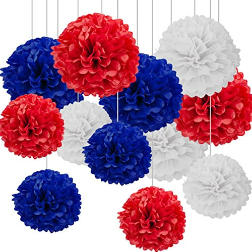 Lot de 12 Pompon en Papier 3 Couleurs(Rouge,Bleu,Blanc) pour Décoration Murale de Plafond de Fête,Deux Tailles de 25 cm et 30 cm