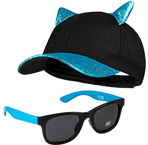 CityComfort Baseball Cap Kinder, 2er Set Snapback Cap mit Ohren und Sonnenbrille Kinder Sonnenschutz - Geschenke für Mädchen (Blau Neon)