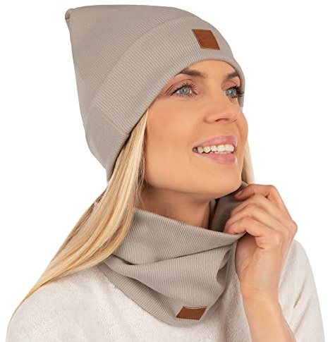 Mikos * Damset, mössa & loop, bomull, lång beanie, hatt med halsduk, höst, vinter, fantastisk varm, stretchig elastisk, vintermössa, pojk- och flickor, streetwear 703, Beige, En Storlek
