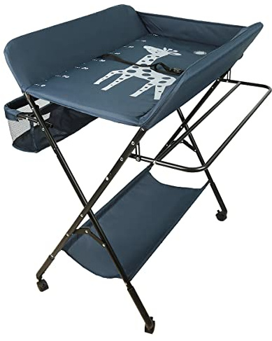 THINFAR Baby Wickelkombi - Klappbare Wickelkommode, Mobiler Wickeltisch mit Wickelauflage, Sicherheitsgurt und Ablagefächern - 80 * 66 * 98cm (Dunkelblau)
