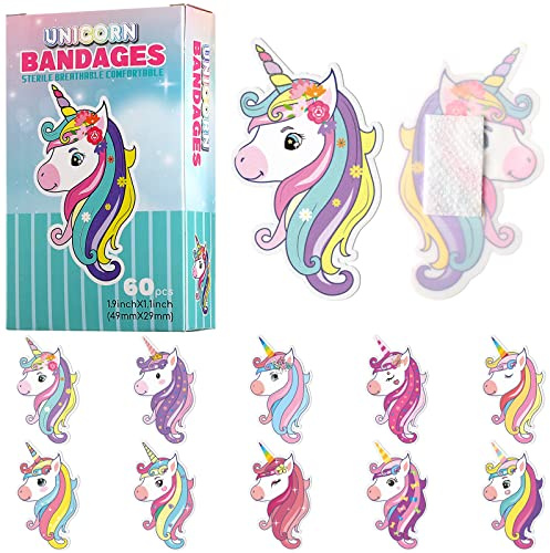 60 Pcs Unicorn Kids Bandages Gift Kawaii Cute Cartoon Unicorn Bandages for Girls 10 Style Flexible Waterproof Breathable Self Adhesive Wound Care Set for Girl Boy Princess Children Toddler