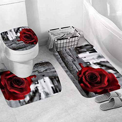 JIFOME Badteppich 3 Stück Weiche saugfähige Badematten,Rose verlorene Liebe Rose liegt in der Straße Blume mit Blumen,rutschfeste Badematte Teppiche & Toilettendeckelabdeckung Set Waschbar