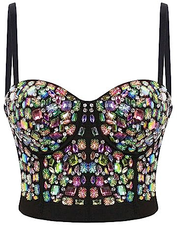 Naimo Damen Sexy Strass Bustier Push Up Crop Top Korsett BH Glitzer Kristall Tank Top Cami Weste Party Clubwear