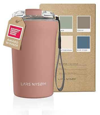 LARS NYSØM Mug Isotherme Cafe to-go avec sangle et couvercle en tritan 380ml | Tasse de voyage 0.38 litre avec isolation | Tasse thermique étanche en acier inoxydable (Blush Rose, 380ml)