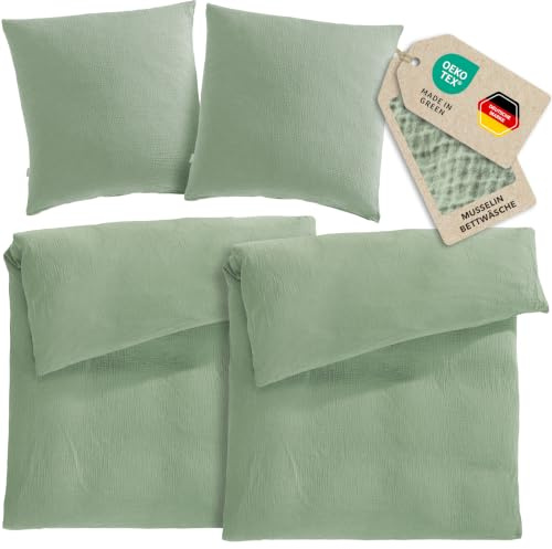 Pure Label Musselin Bettwäsche 4tlg 2x135x200+2x80x80 - Grün | Traumhaft weiche, kuschelige Bettwäsche-Sets aus Musselin - 40° Waschbar