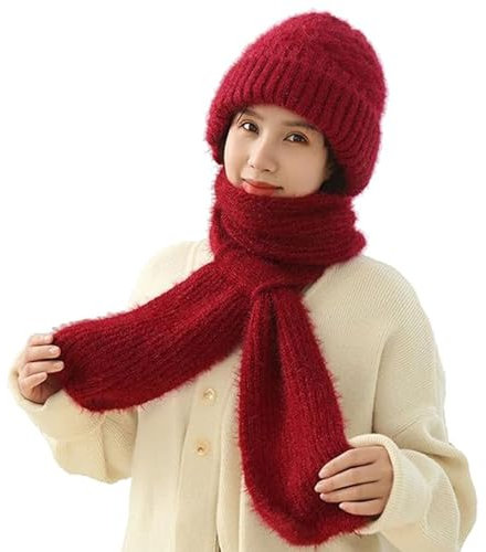 CHENRI Damen Verdickter Warmer Einteiliger Hutschal, 2 in 1 Winterschal Mütze, Integrierter Gehörschutz Winddichte Mütze Schal, Winter Warm Strickmütze, Kapuzenschal für Frauen (1, Rot, Eine Größe)