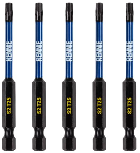 5 x Rennie Tools 75 mm lange T25 TX25 Schlagschrauber-Bits Set Heavy Duty Magnetic Torx Schraubendreher-Bit-Set Schwarz Oxid beschichtete Torx-Schlagschrauber-Bits Torx-Bit-Set