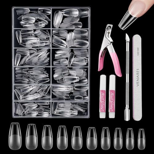 Nageltips für Gelnägel Set, Venares 500 Stück Kurze Sarg Tips für Gelnägel 10 Größen Nagel Tips Set mit Kleber Nägel Feilen Nagelknipser Nagelhautschieber, Vorpolierte Weiches Gel Nagelspitzen Set
