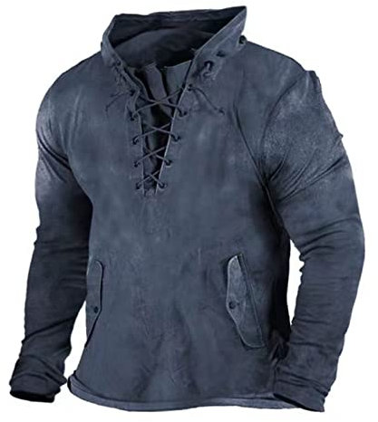 LUNULE Langarmshirt Herren Sport Sweatshirt Brusttasche Kuschelpullover Einfarbig Schnürung Hemd Mit Tasche Oversized Langarm Schnürhemd Stehkragen Tshirt Jungen (MarineL)