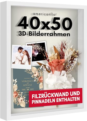 Americanflat Cadre Profond 40x50 cm Blanc - Cadre 3D en Bois MDF avec Plexi Poli et Matériel de Suspension Inclus - Suspension Horizontale ou Verticale Murale ou sur Table