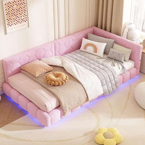 Kayan Polsterbett 90x200 mit LED und USB-Anschluss, Bettgestell mit Lattenrost, Tagesbett Schlafsofa Bett Bettsofa Gästebett Jugendbett Einzelbett, ohne Matratze (Rosa, 90x200cm)