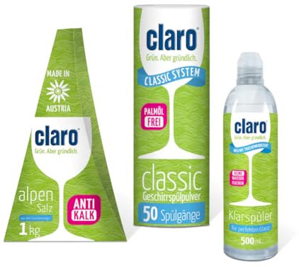 claro 3 in 1 Pulver Kennenlernpaket - Öko Reiniger-Set bestehend aus 900g Classic Pulver, 1kg Alpensalz in Dosierpyramide, 500ml Klarspüler - vegan, nachhaltig, Mikroplastik- und Phosphat-frei