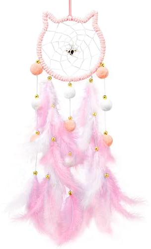 Cat Dream Catcher,Lovely Cat Shape Colorful Handmade Woven Dream Catchers Feathers,Dream Catcher for Adult and Kids,Cat Dreamcatcher Art Ornament Gift Chimes for Home Children Bedroom Decor