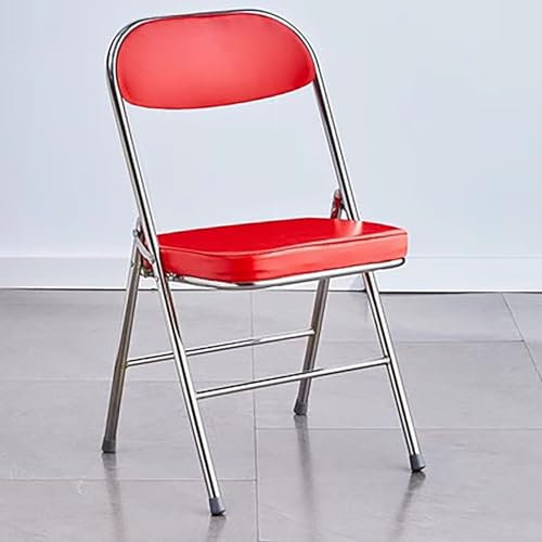 Metall-Klappstühle mit gepolstertem Kissen, ideal für Zuhause, Büro, Innen- und Außenbereich, leicht und tragbar, PU + rote Farbe, bequeme Sitzmöglichkeit
