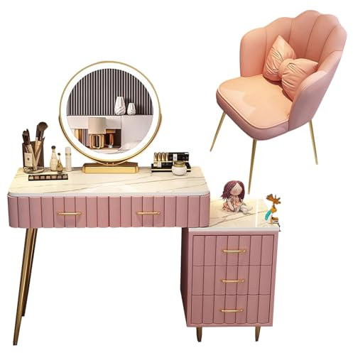 MARIYCH Schminktisch mit Spiegel und Lichtern, Schlafzimmer-Make-up-Schminktisch mit gepolstertem Schminkhocker, für Frauen, Mädchen (Grau/Rosa/Weiß)