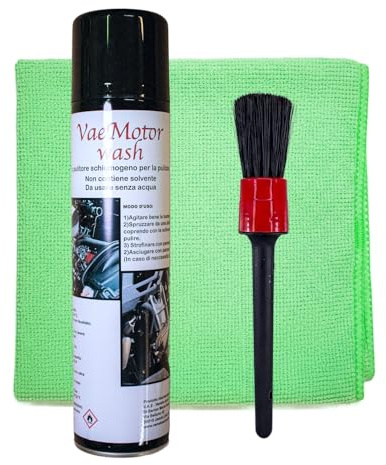 VAE VAEMOTOR WASH Pulitore Schiumogeno per Motori Moto, Auto e Bici, Detergente a Secco Senza Acqua con Pennello e Panno in Microfibra – Kit Completo per la Pulizia Rapida e Sicura del Motore