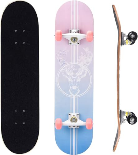 ERNAN Skateboard,80 * 20cm pour Adulte/Enfant Fille/Garçon Débutant.Plateau 7 Plis érable Alpin,Roulement ABEC-7,T-Tool Inclus,Skateboard Enfants (Pink Deer)
