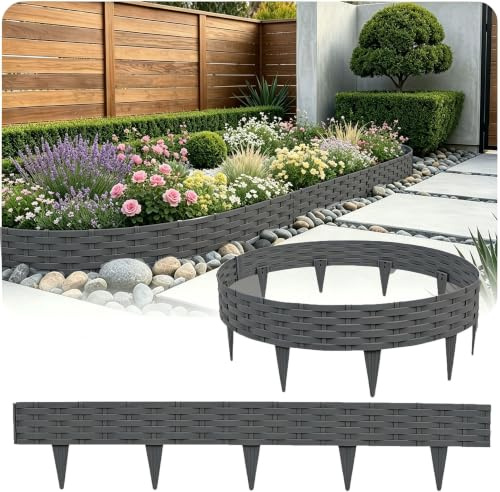 Alpstorm Beetumrandung Kunststoff 5m Beeteinfassung Anthrazit Gartenpalisade mit 5 Elementen á 1m – Flexible Rasenkante mit Geflechtoptik aus PP, 20 cm Höhe, Schnellmontage