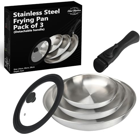 MISL HOME - Poêle à frire en acier inoxydable avec couvercle avec poignée amovible - Couvercle universel pour poêles de 24/26/28 cm 3 plis - Batterie de cuisine à induction - Passe au four - Batterie
