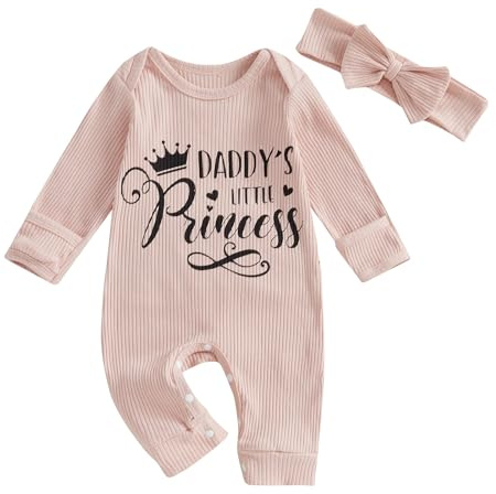Baby Kleidung Neugeborene Mädchen Langarm Einteiler Baumwolle Sommer One Piece Outfit mit Stirnband (Daddy's Little Princess Hellpink, 3-6 Monate)