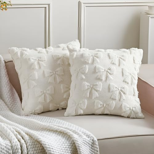 Mixweer Rosettkudde överdrag 45 x 45 cm set med 2 koketter rumsdekor söt fuskpäls mjuk kokett rosett preppy saker fluffig plysch estetiska kuddöverdrag för säng soffa soffa (krämvit)