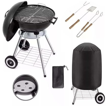 Portable Charcoal BBQ Grill Set - Kettle & Oil Drum Styles with Wheels, Smoker Options, Utensils & Cover Available for Outdoor Camping & Patio