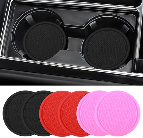 6 Pcs Car Coasters For Women Universal Auto Non-Slip Cup Holder Insert Black 3 Colors Universal Car Drink Coaster Cars Interior Accessories Sets for Women Men Pink Red 2.76×0.16 Inches PVC