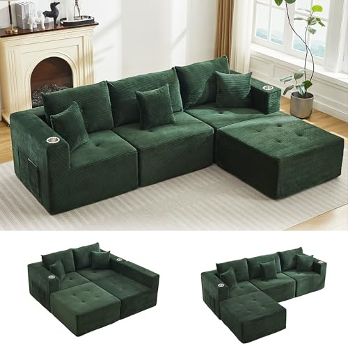 MAXYOYO Corner Sofa with Cup Holder, Boneless Couch with Memory Foam Deep Seat, Jumbo Corduroy Modular Sectional Sofa Convertible for 3/4 Seater, No Assembly Required