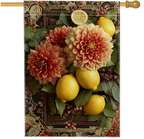 Drapeau floral d'automne pour jardin de citron, dahlia orange, décoration d'intérieur, bannière extérieure, drapeau de cour double face en toile de jute, décoration de pelouse de Thanksgiving