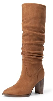 DREAM PAIRS Women's Knee High Boots Pointed Toe Chunky Block Heel Suede Boots Comfortable for Women with Side Zipper Fashion Slouchy Boots,Size 7.5,Camel,DWUMKB2513