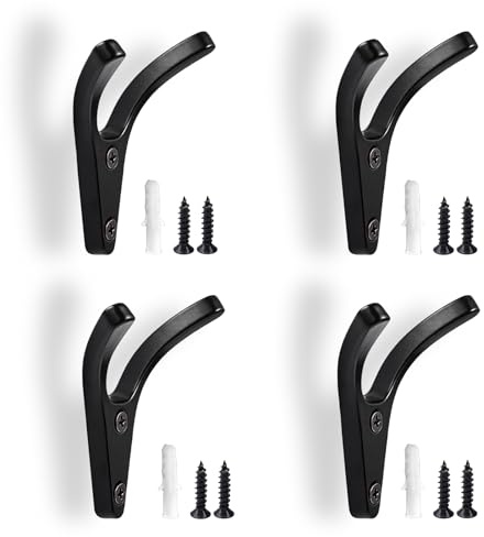 JIIJCAAC 4 Pack Heavy Duty Double Coat Hooks - Solid Metal Wall Mounted Screw Fixings Black Bathroom & Bedroom Hanging Hooks for Towels, Robes, Clothes - Includes 8 Screws