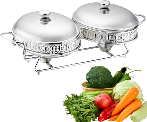 XIEHEMAO Set da Buffet con scaldavivande Ovale in Acciaio Inox, Contenitore Termico for Alimenti con Coperchio, Vassoio Termico in Acciaio Inox, Vassoio in Vetro, Servizio da Buffet(Silver)
