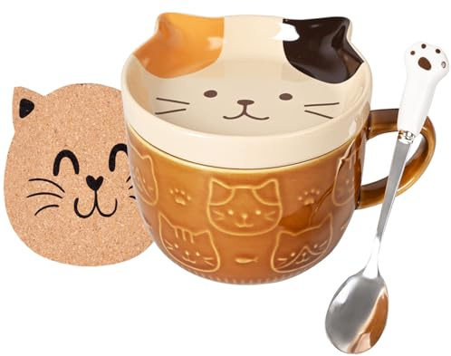 Zylota Geschenke für Frauen,Katzen Tasse Süße Kaffeetasse aus Keramik mit Deckel,Lustige Keramik Kaffee Teetassen Set für Katzenliebhaber Mädchen Frau Weihnachten, Geburtstags