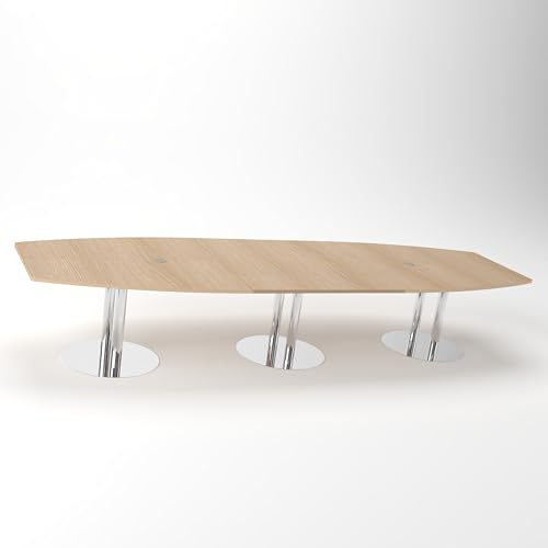 Konferenztisch KONTI 400x130 cm – ovaler Besprechungstisch in Eiche mit verchromten Säulenfüßen & 2 Kabelauslässen, erweiterbarer Meetingtisch für 12–14 Personen, moderner XXL-Tisch fürs Büro