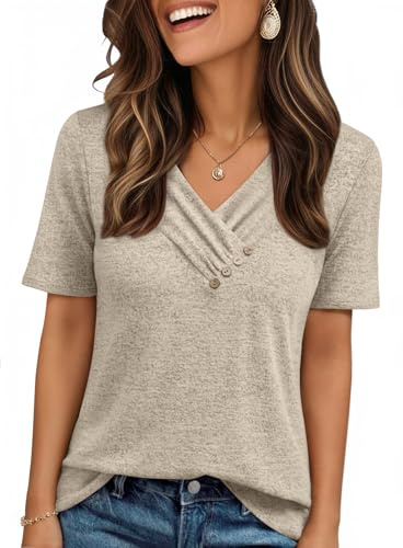 AUTOMET Womens Short Sleeve Tunic Tops Summer Spring Outfits 2026 V Neck Sweaters Button Shirts Dressy Casual Business Blouses Khaki S
